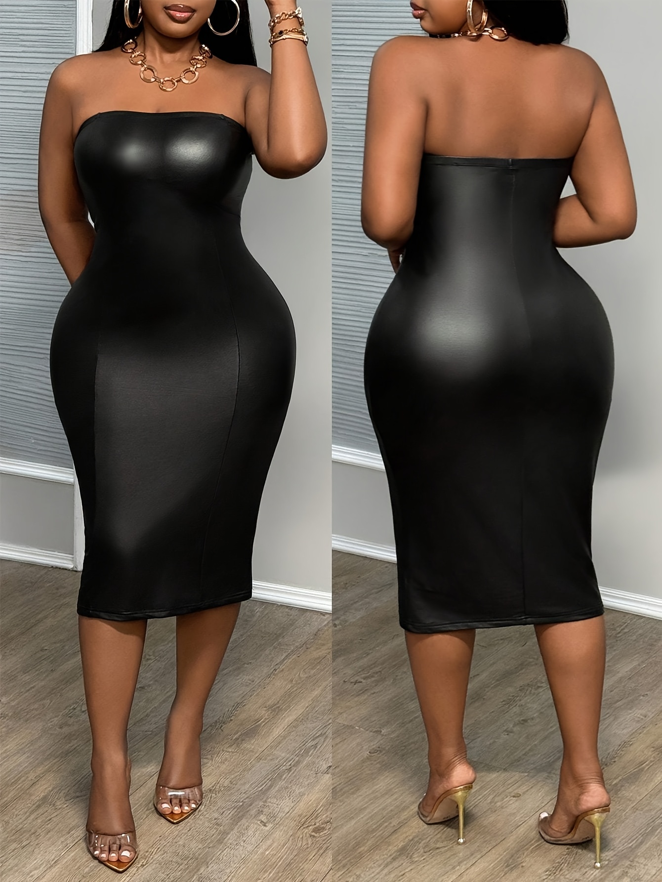slim fit dress slacks Black 2 in 1 Faux Leather Skirt Long Sleeve Midi Dress – AX Paris main image 0