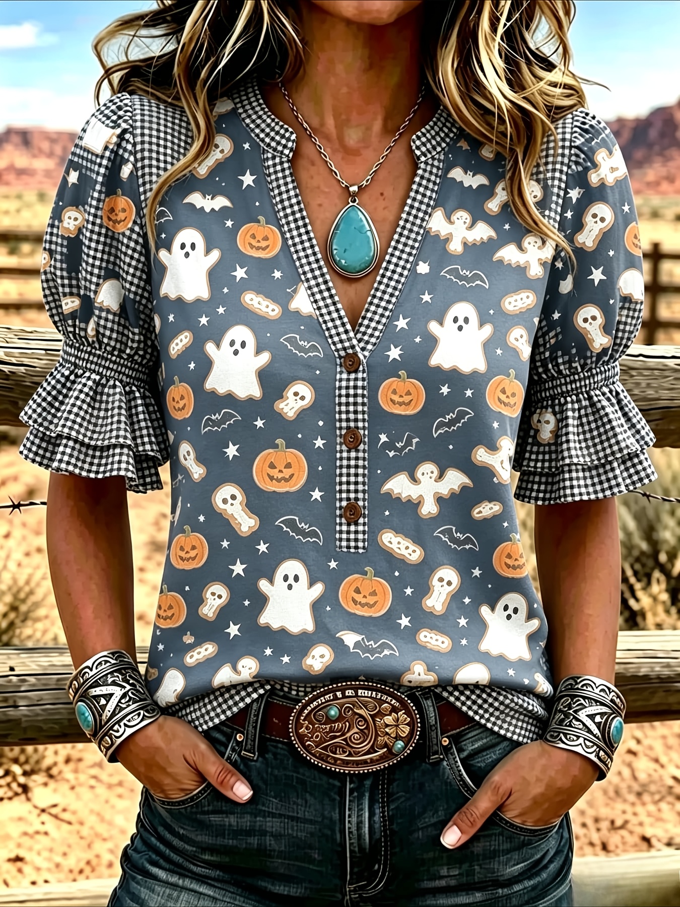 black and white checkered halloween skeleton cookie pumpkin bat   v neck shirt with   edges and bubble short sleeves half open button western style top for women