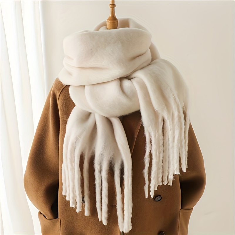 TEMU Winter Chic, Elegant Women's Thick Knit Shawl Scarf - Ultra-warm, Windproof Winter Accessory In White - Fall &