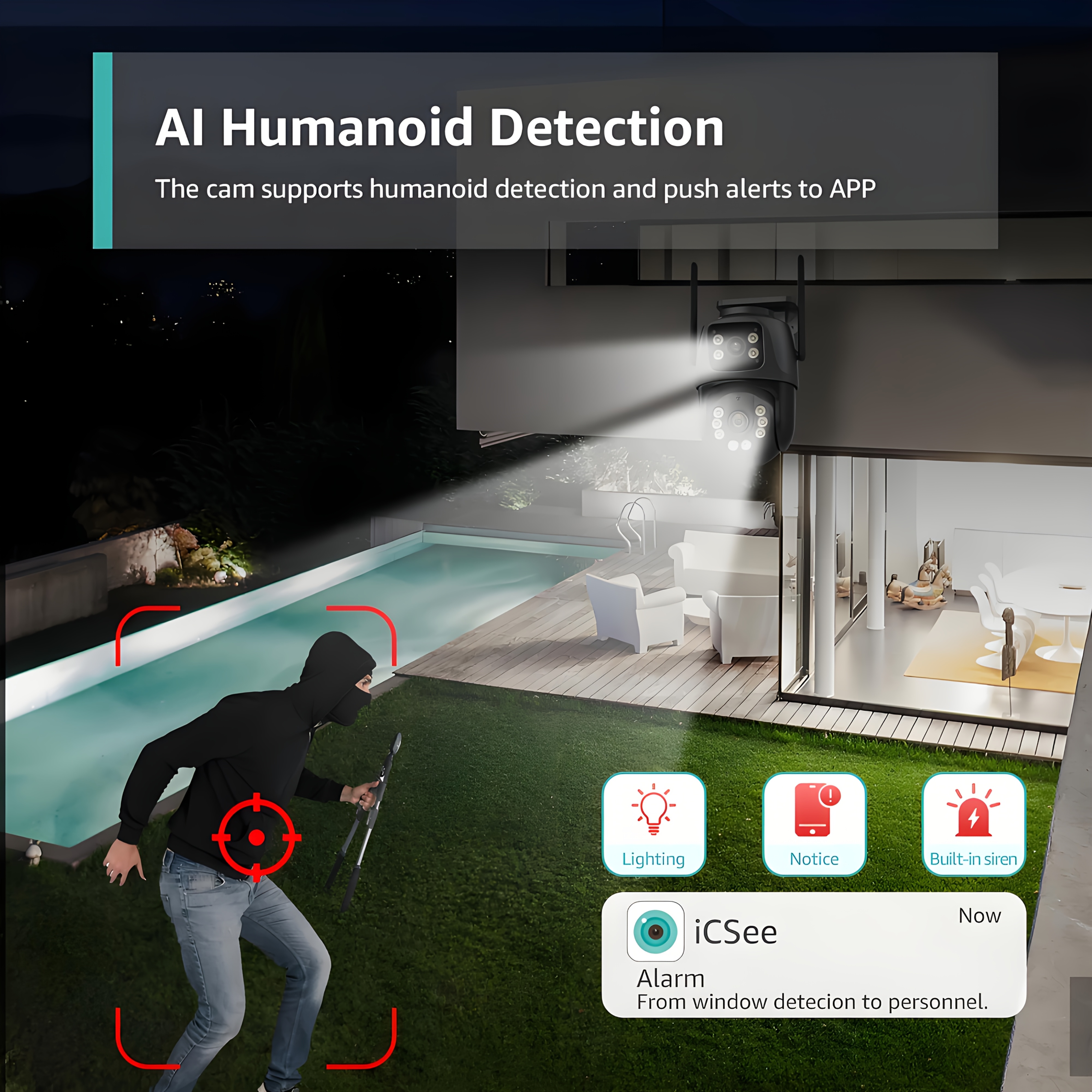 Cámara de seguridad inalámbrica para exteriores de 8MP con lente dual, seguimiento automático, detección humana, visión nocturna a color, grabación 24/7, audio bidireccional, conexión cableada RJ45, almacenamiento en la nube/SD, enchufe europeo, vigilancia exterior, vigilancia moderna