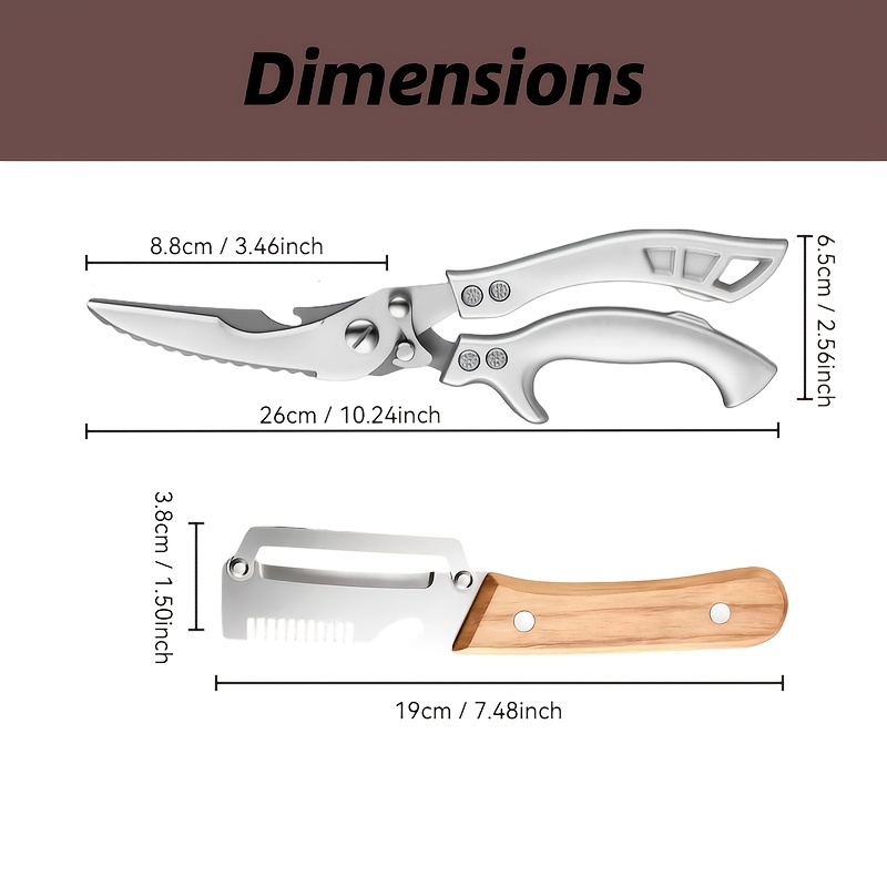 TEMU 2pcs Heavy Duty Kitchen Scissors Set, Stainless Steel Poultry Shears For Chicken Bone, 3in 1 Multifunctional Vegetable Peeler With Bottle Opener
