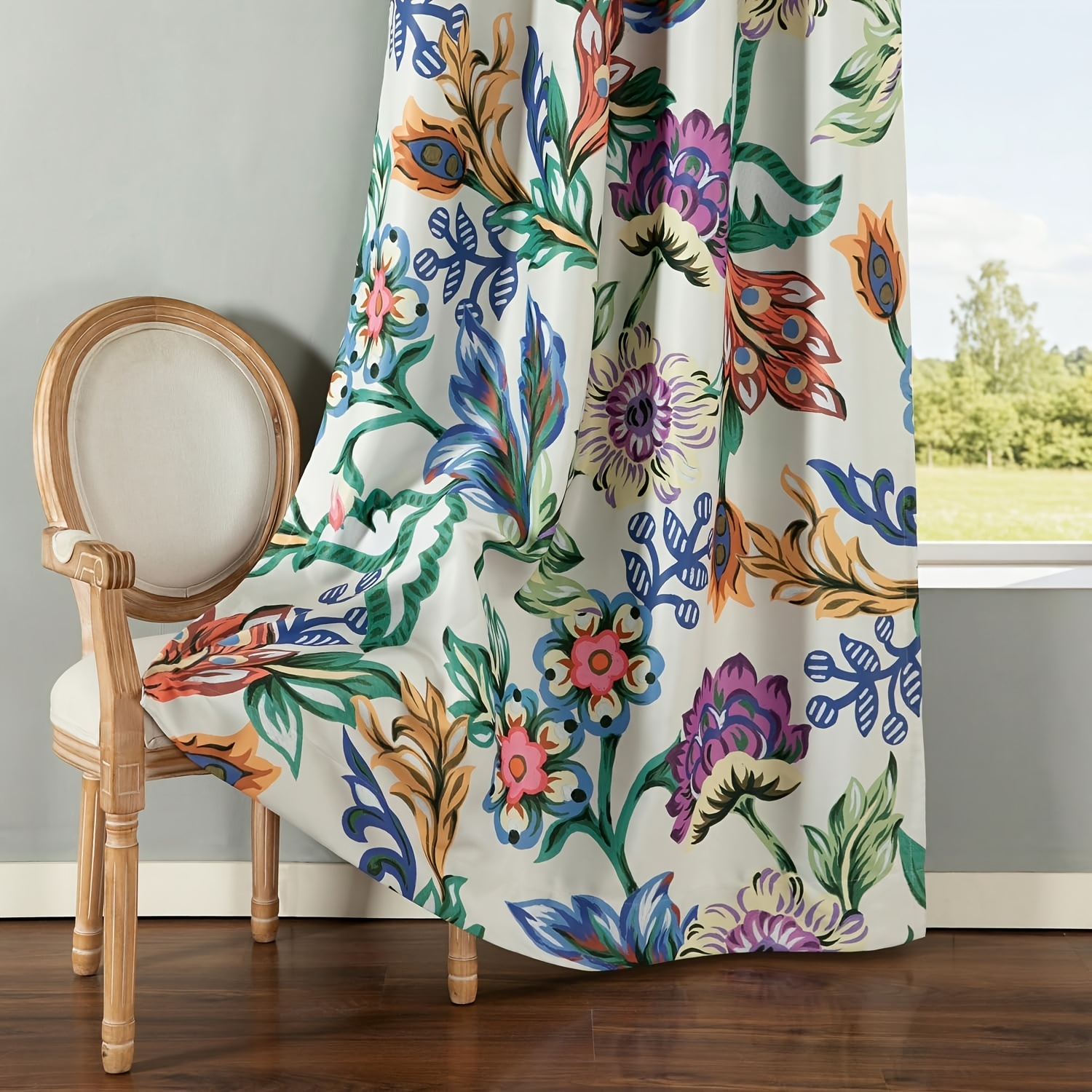 TEMU 1pc Full Blackout Printed Curtain Colorful Floral Theme Opaque Effect Smooth Metal Eyelets No Lining Required