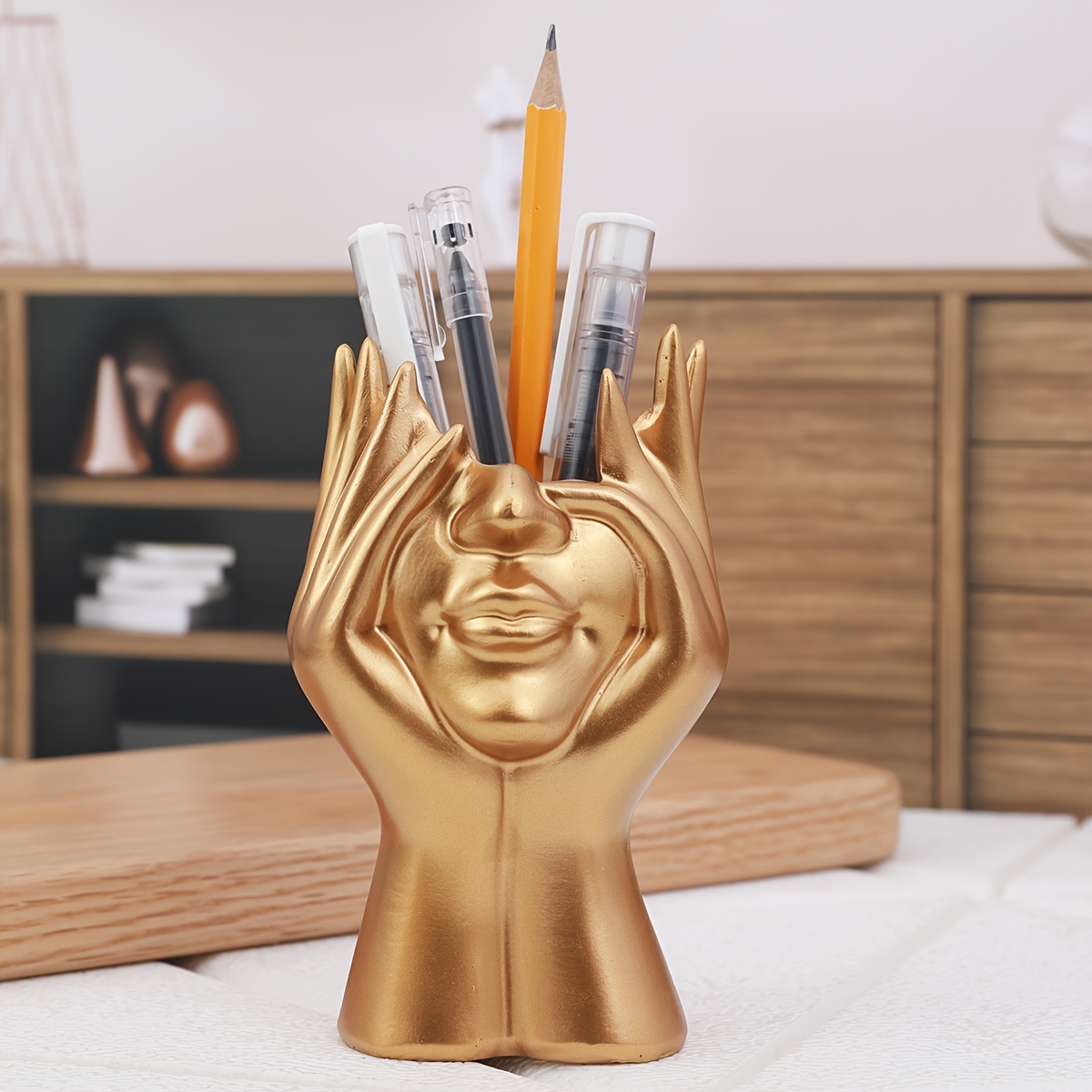 TEMU Chic Resin Girl Face-holding Artistic Pen Holder - Home Decor Accent