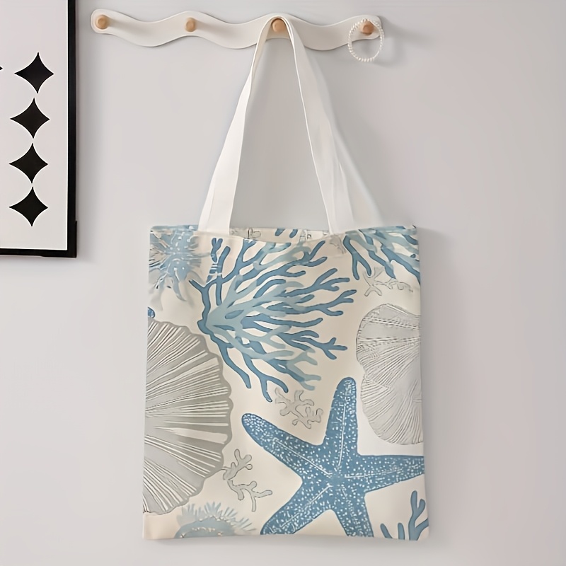 TEMU 1pc,large-capacity Tote Bag With Blue Starfish Pattern Print, Foldable Shoulder Bag, Suitable For Travel, Daily Commuting, Lightweight Shopping