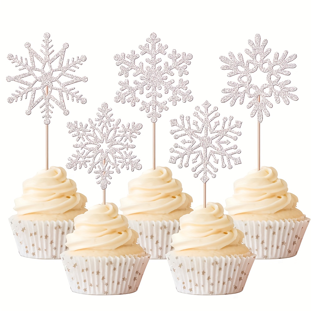 Image of 10pcs Snowflake Cupcake Toppers Glitter Winter Theme Cupcake Picks Baby Shower Cake Decorations For Snowflake Theme Christmas Birthday Party Supplies Silvery