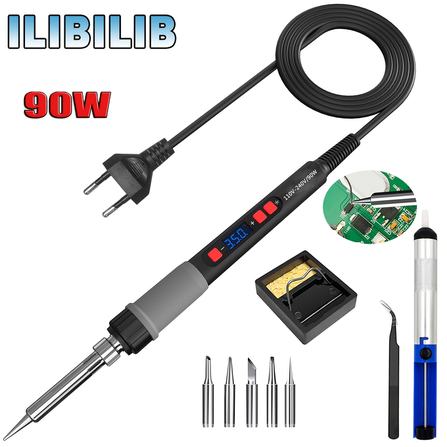Soldering Kit 90w Ilibilib Lcd Adjustable Temperature 180-500°c, 9-in-1 Soldering Tool, 5 Soldering Tips, Desoldering Pump, Stand, Tweezers, For Soldering And Repair