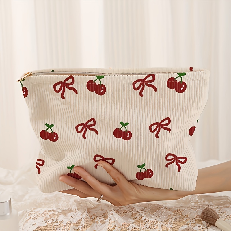 Chic Cherry Bow Print Corduroy Makeup Bag - Lightweight, Multi-functional Cosmetic & Toiletry Organizer With Lining, Perfect For Travel