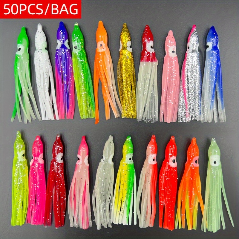 

50pcs Vibrant -the-dark Squid Skirt Lures | Soft Rubber, Realistic With Sequins & Big Eyes | & Bite-resistant For Trolling | Assorted Colors