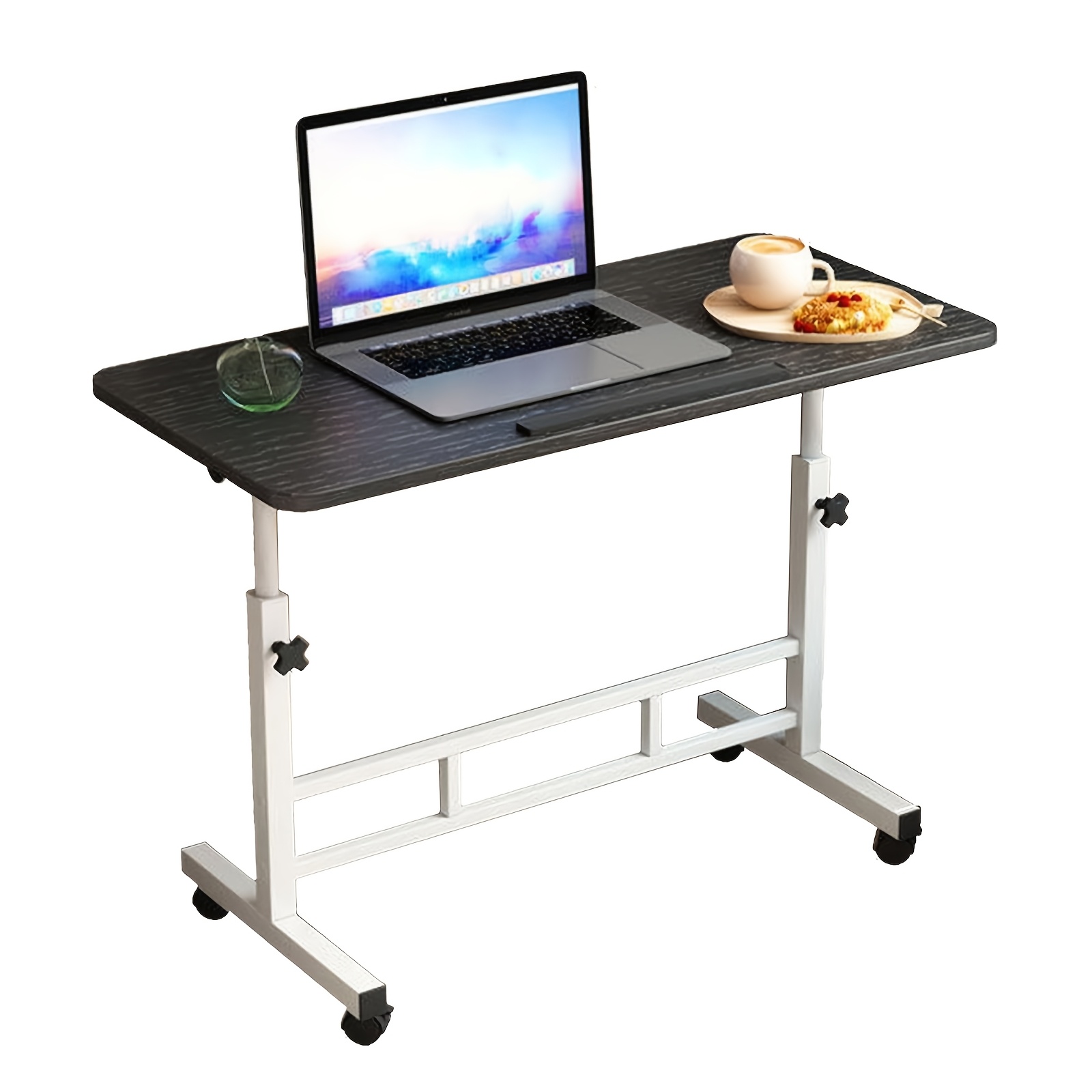 Height-adjustable Mobile Computer Desk With Lockable Wheels, 180° Tabletop Rolling Overbed Laptop Desk, Portable Standing Workstation For Home Office, Bedroom & Sofa Side