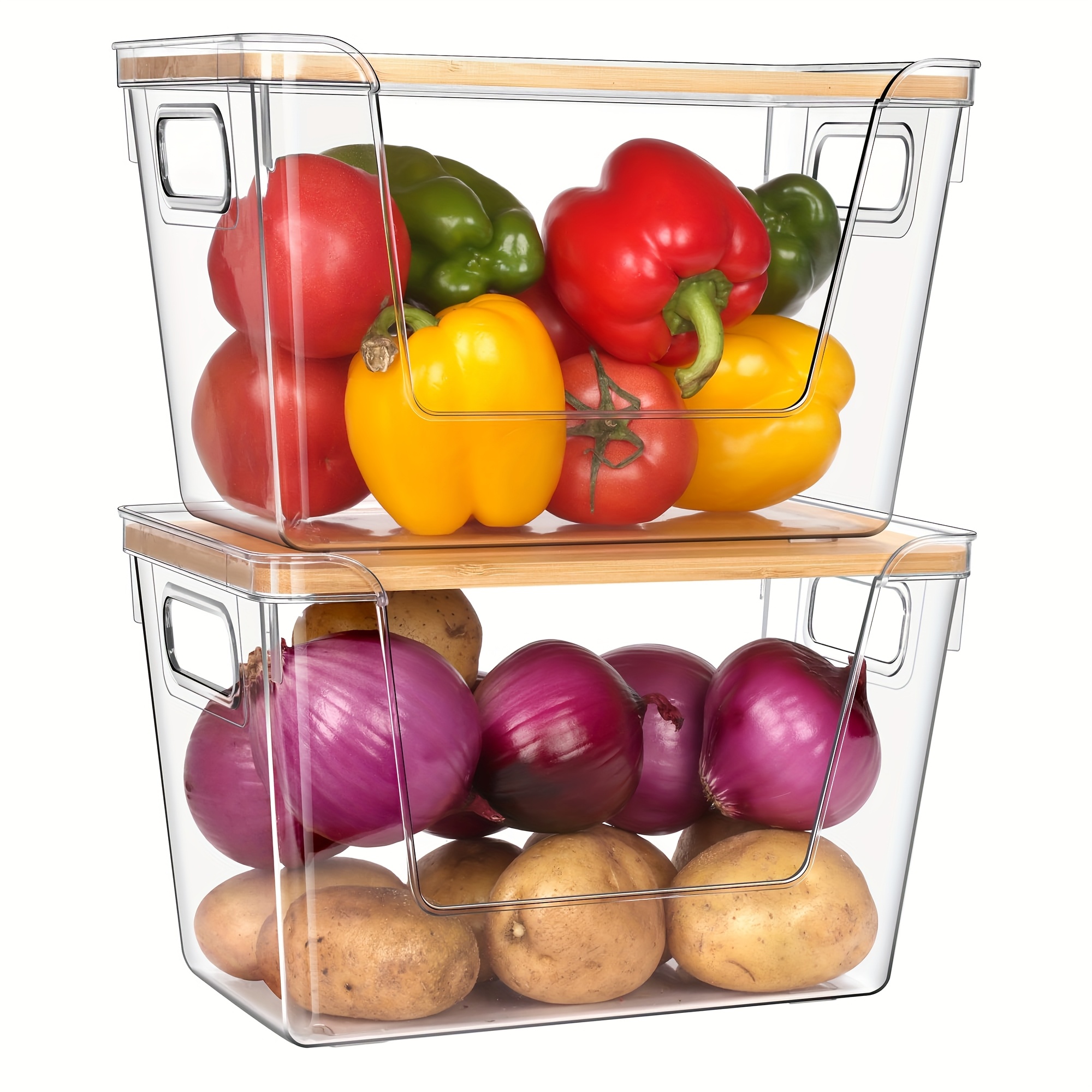 Image of 2 Sets Pantry Organizer And Stackable Storage Kitchen, Sturdy And Durable Storage Multifunction Basket For Potato, Onion, Garlic, Fruit, Vegetable, Produce, Clear Plastic Storage With Lid And Handle