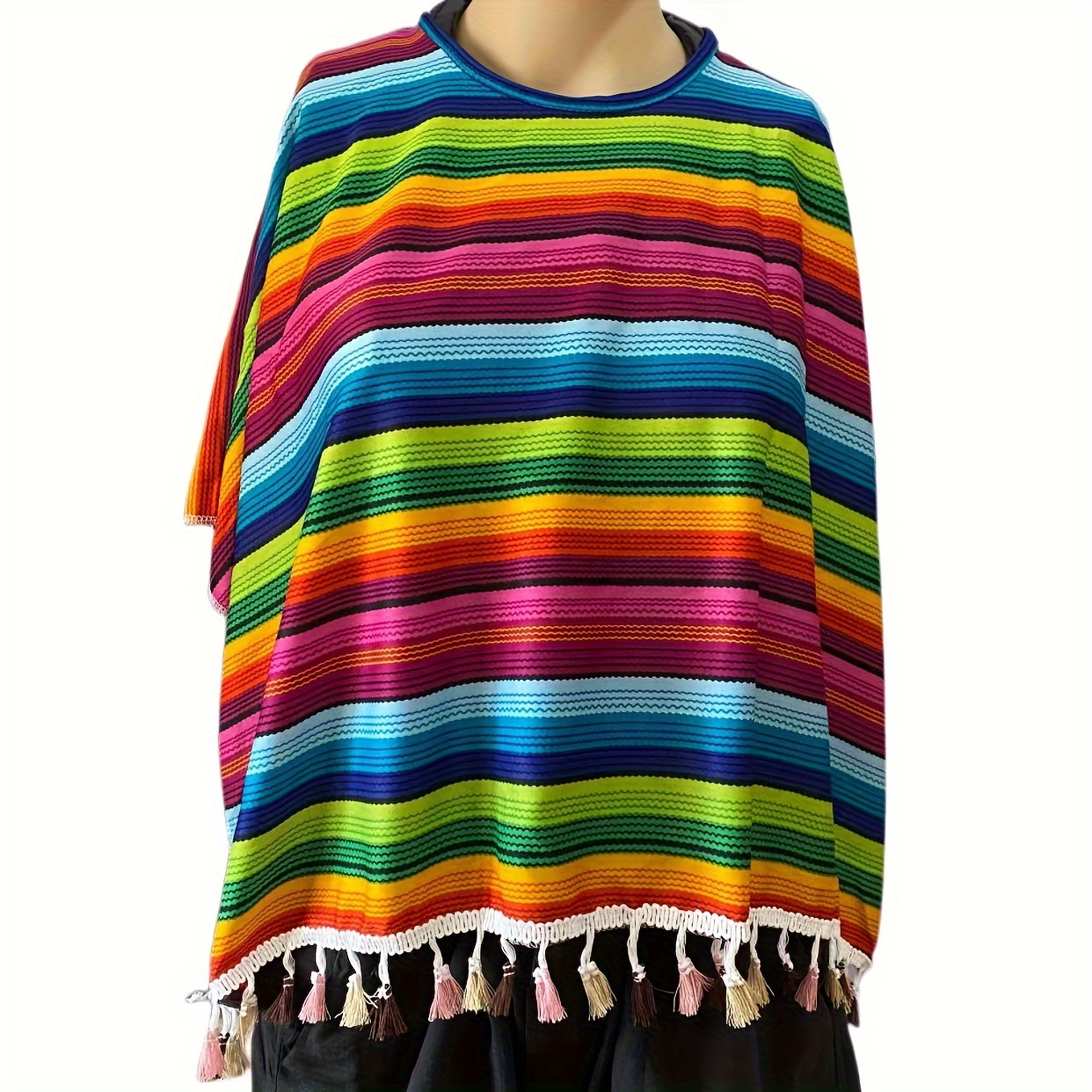 TEMU Mexican Style Colorful Striped Cape With Smooth Texture Unisex Party Stage Costume Accessory