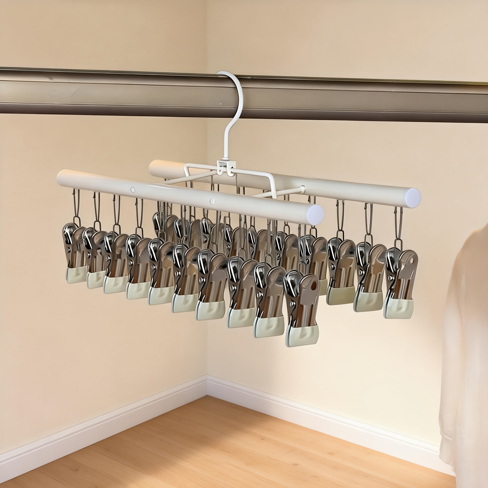 TEMU 1pc Double Row Clip Hook With 20 Clips, Stainless Steel Material, Hat Storage Rack, Suitable For Hats, Socks, Ties, Underwear, Suitable For