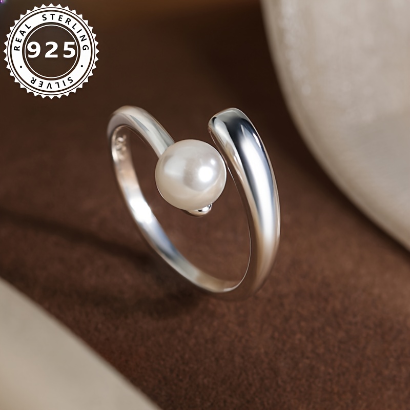 

Women's Ring With S925 Pure Silvery Surrounding And Inlaid Ball-shaped Pearls, Adjustable Opening, Fashion Jewelry For Girlfriend, 2.5g/0.088oz, Tvxk