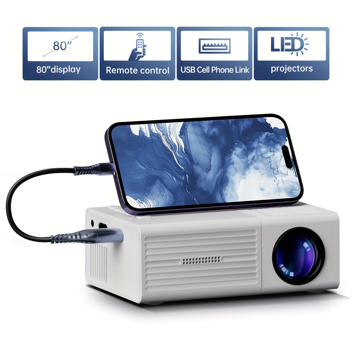 Portable 1080P supported mini projector for home and mobile use