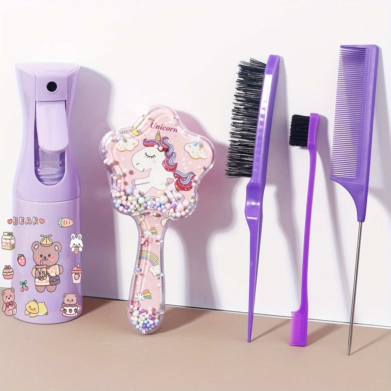 Image of 5pcs Hair Styling Set With Cute Stickers, 1 Cartoon Bubble Hairbrush, 3pcs Classic Styling Comb Set, 1 Hair Spray Bottle, Suitable For Dry And Wet Hair Styling, For All Hair Types