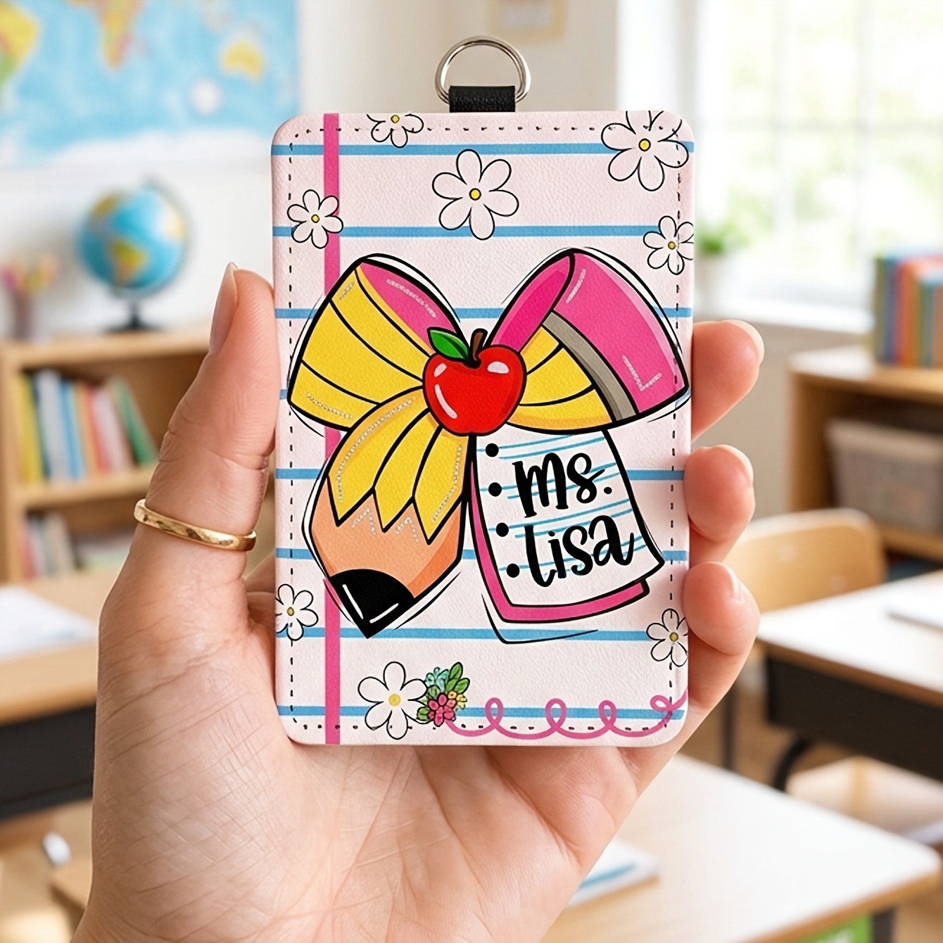 TEMU 2d Custom Polyurethane Faux Leather Id Card Holder With Teacher Theme, 4 Patterns (pencils, , Crayons), Personalizable With Teacher's Name,