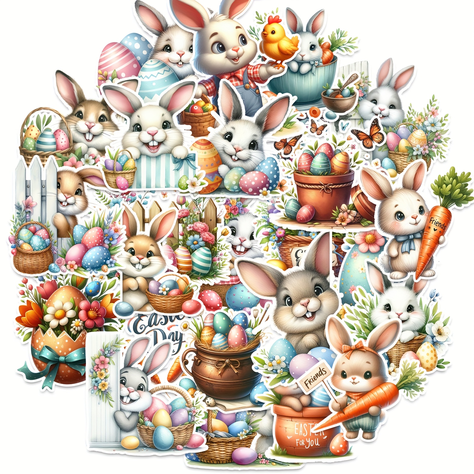 

50pcs Easter Bunny Stickers Set, Cartoon Rabbit & Egg Designs, Reusable Matte Paper Decals With Glitter, Pre- For Scrapbooking, Diy Crafts, Bullet Journal, Phone, Laptop, Water Bottle Decoration