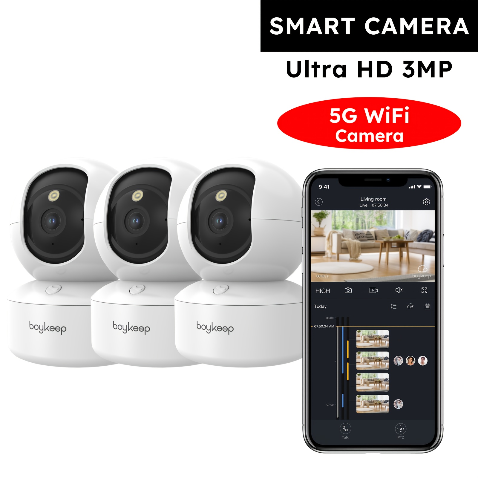 TEMU 3pcs Boykeep Indoor Security Camera, 5g/2.4ghz Wifi Cameras For Baby, Camera With Phone App, 360° Pan & Tilt, 2-way Audio, Color Night Vision,