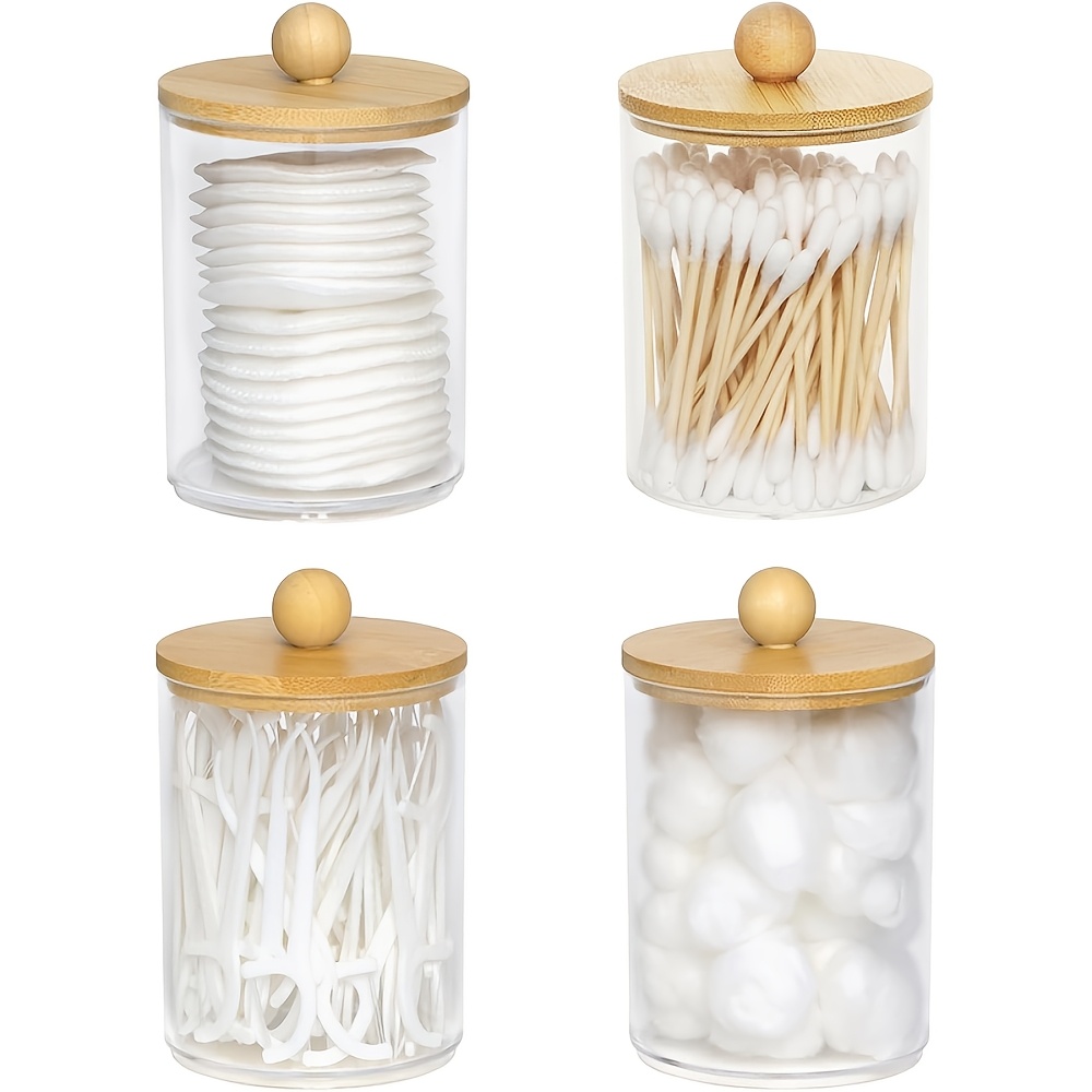 

4-pack Airtight Bamboo Lid Storage Containers For Swabs, Pads & Small Bathroom Items - Unscented, Clear Plastic Dispensing Jars With Labels