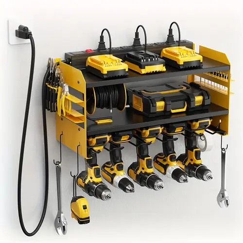 Power Tool Organizer Wall Mount With Charging Station, Garage Drill Organizer Built In 8 Outlet Power Strip, 5 Drill Storage Shelf With Hooks, Screwdriver, Power Tool Rack For Men, Storage Racks