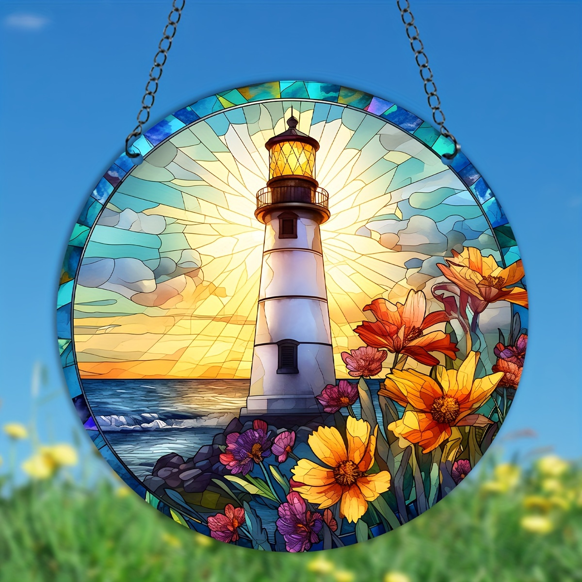 

1pc, Lighthouse Printed Acrylic Hanging Sign, Suncatcher, Stained Window Hanging Decor, Round Sign, Wreath Sign, Window Decor Porch Decor Wall Decor, 5.9in/15cm