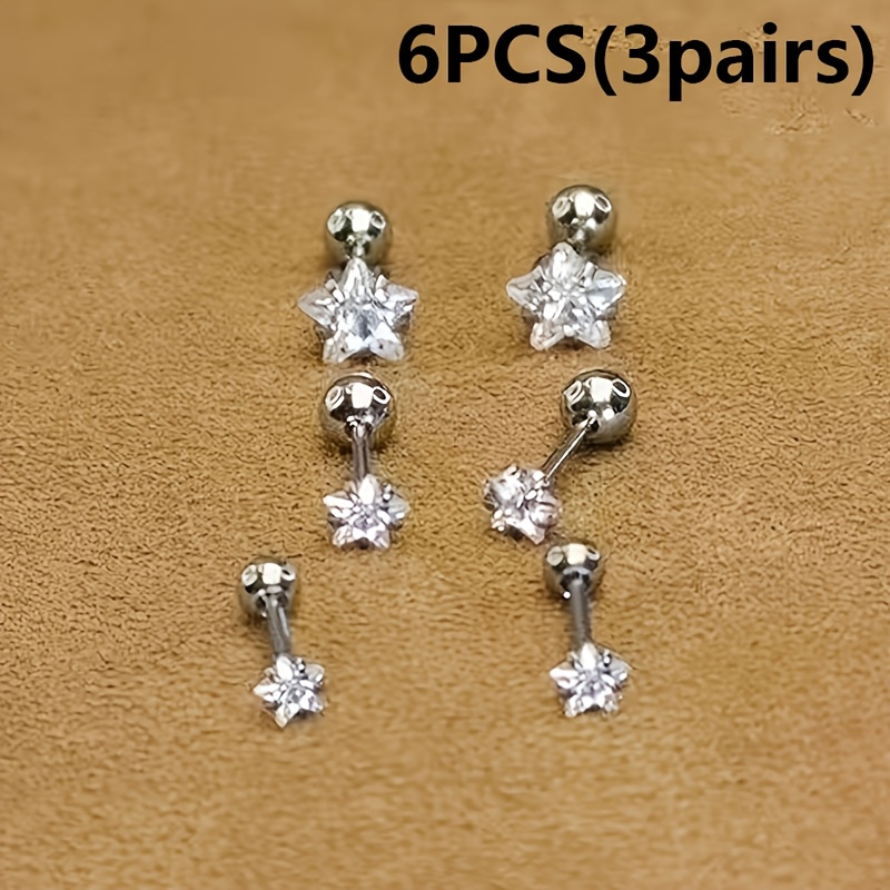 TEMU 6 piezas (3 )/Set de aretes de acero inoxidable y rosa con circonita sintética, hipoalergénicos, para dormir, sin necesidad de quitarlos, aretes
