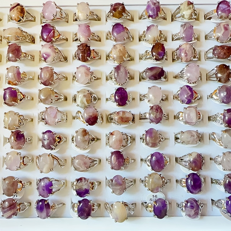 

50//200pcs Ring Inlaid Natural Amethyst Stone Finger Rings Daily Outfits Engagement Party Birthday Anniversary Accessory High Quality Gift For Female Of Beauty And Size 16mm-20mm