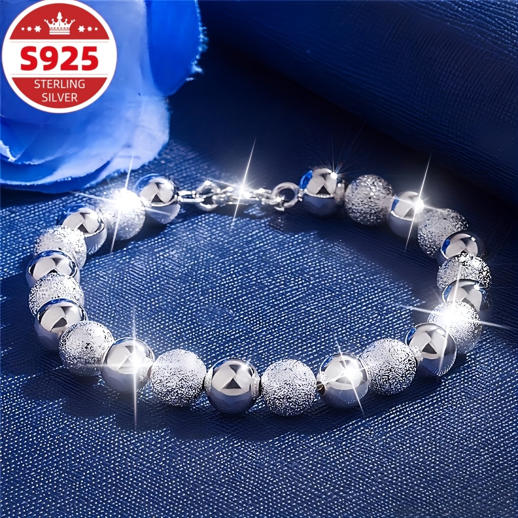 TEMU S925 Sterling Silvery 1pc Women's Bracelet, Beaded Bracelet 8m Frosted Beads Jewelry Daily Wear Women's Jewelry, Must-have For, Perfect Gift For