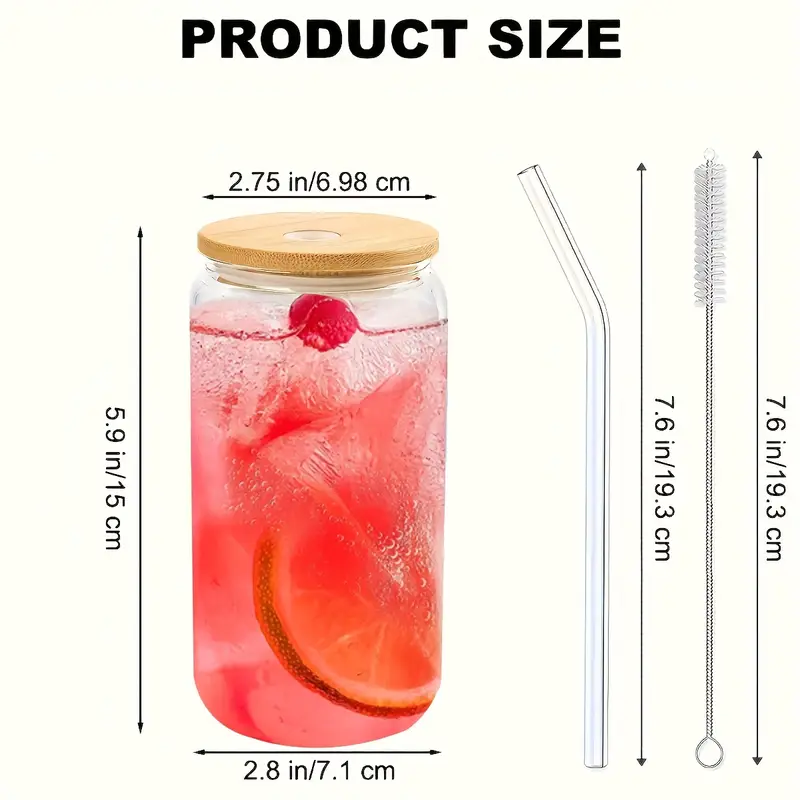 16pcs glass cup with bamboo lid and glass straw wife gives to mother cylindrical drinking cup 16 oz iced coffee cup smoothie boba tea water 2 cleaning brushes Product details 3