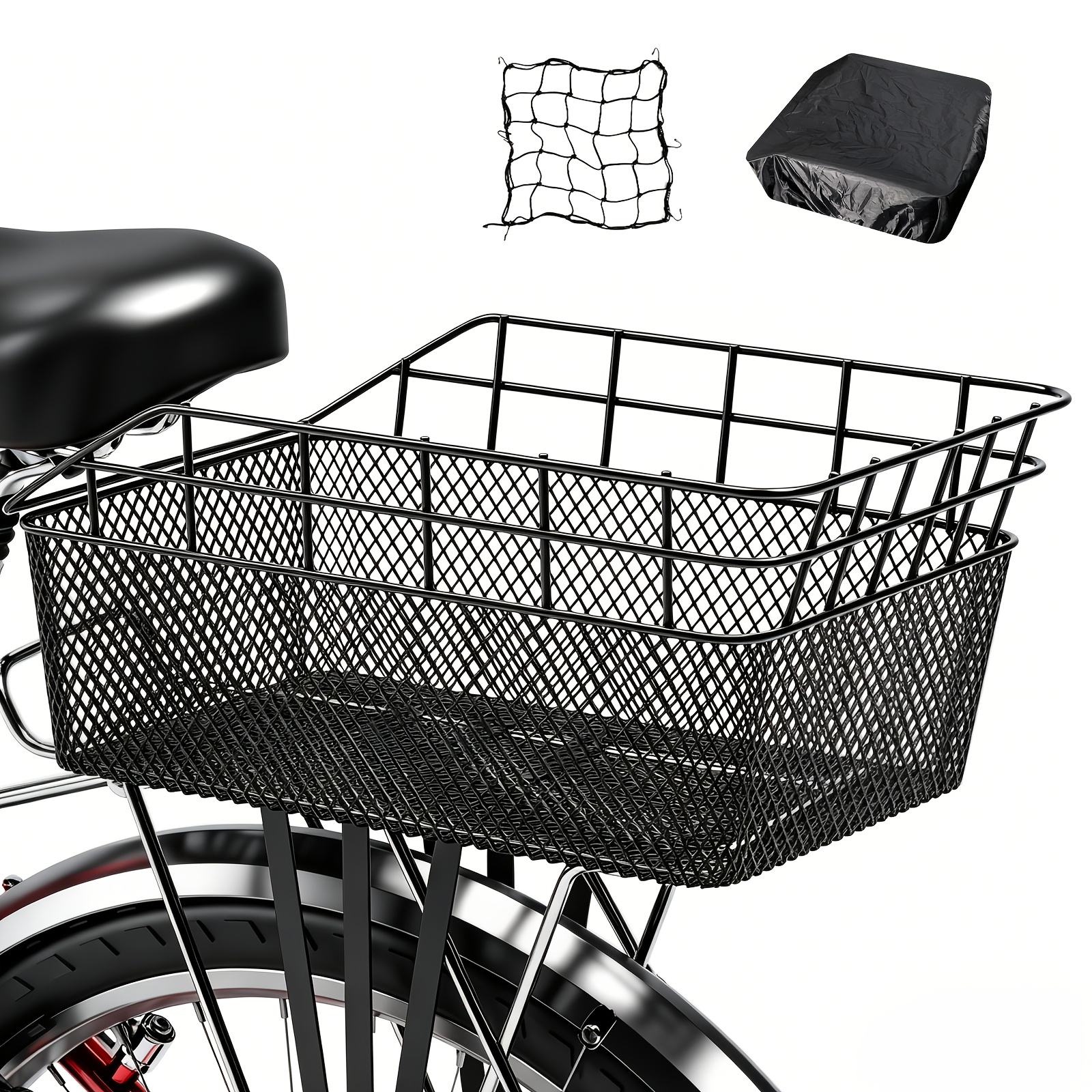 Large Bicycle Basket - Rear Bike Basket With Cargo Net And 2-in-1 Waterproof Cover, Wire Bike Baskets, Large Capacity For Adult Bikes, Electric Bike, Carrying Grocery, Ball, Dog