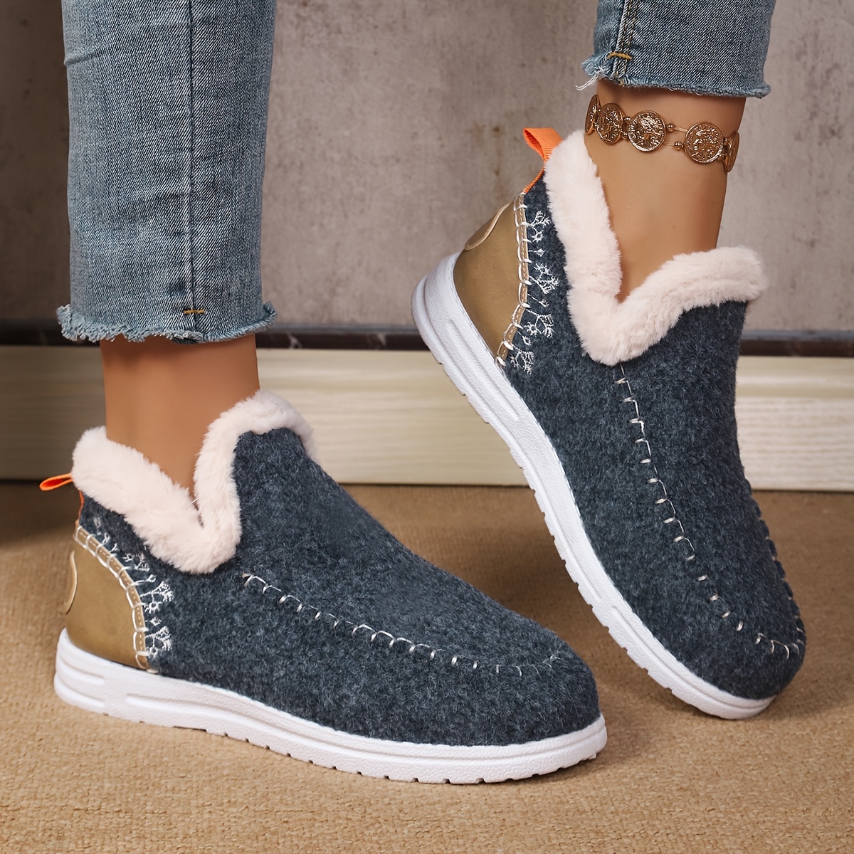 Vintage Tweed Patchwork Plush V-Neck Boots