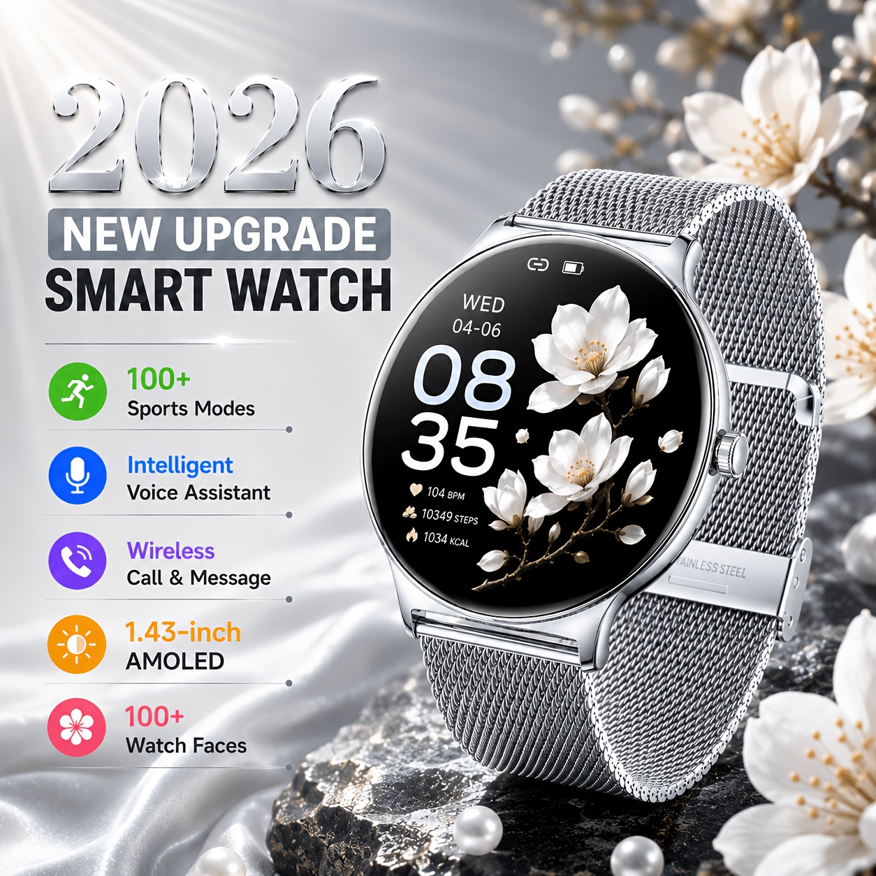 Hirreo Elegant And Fashionable Smart Watch For Women, 1.43-inch Amoled Screen, Multi-functional Wireless Calling, Message Reminder, Remote Camera Control, Female Function, Alarm Clock, Pedometer Watch