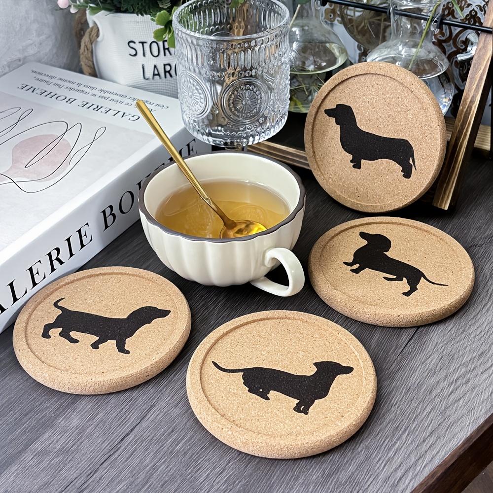 

4pcs With Grooved Round Edge Thickened Cork Coasters Creative Engraved Pattern, Suitable For Mugs Glasses Coffee Coasters, Tabletop Decoration Coaster, Dog Lovers New Year Gift