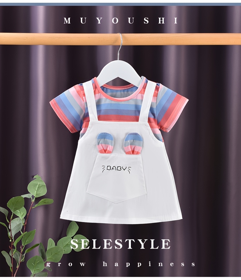 A New Baby Girl'S Summer Dress, Featuring Striped Short Sleeves And a Faux Two-Piece Design, Made of Pure Cotton, Perfect for Little Ones.
