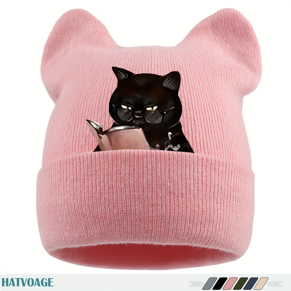 TEMU 1pc Cute Anime Kitten Bookworm Cat Ear Beanie - Winter Hat With Paws & Glasses, Soft Warm Breathable Suitable For , Christmas Gift For Skiing,