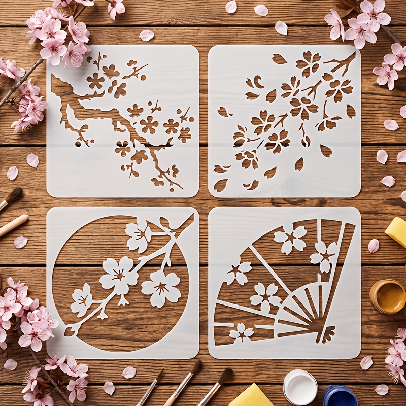 TEMU Set Of 4 Stencils Featuring Japanese , Ideal For Projects - Reusable Plastic Templates Showcase Intricate Including Blooming Branches, Falling