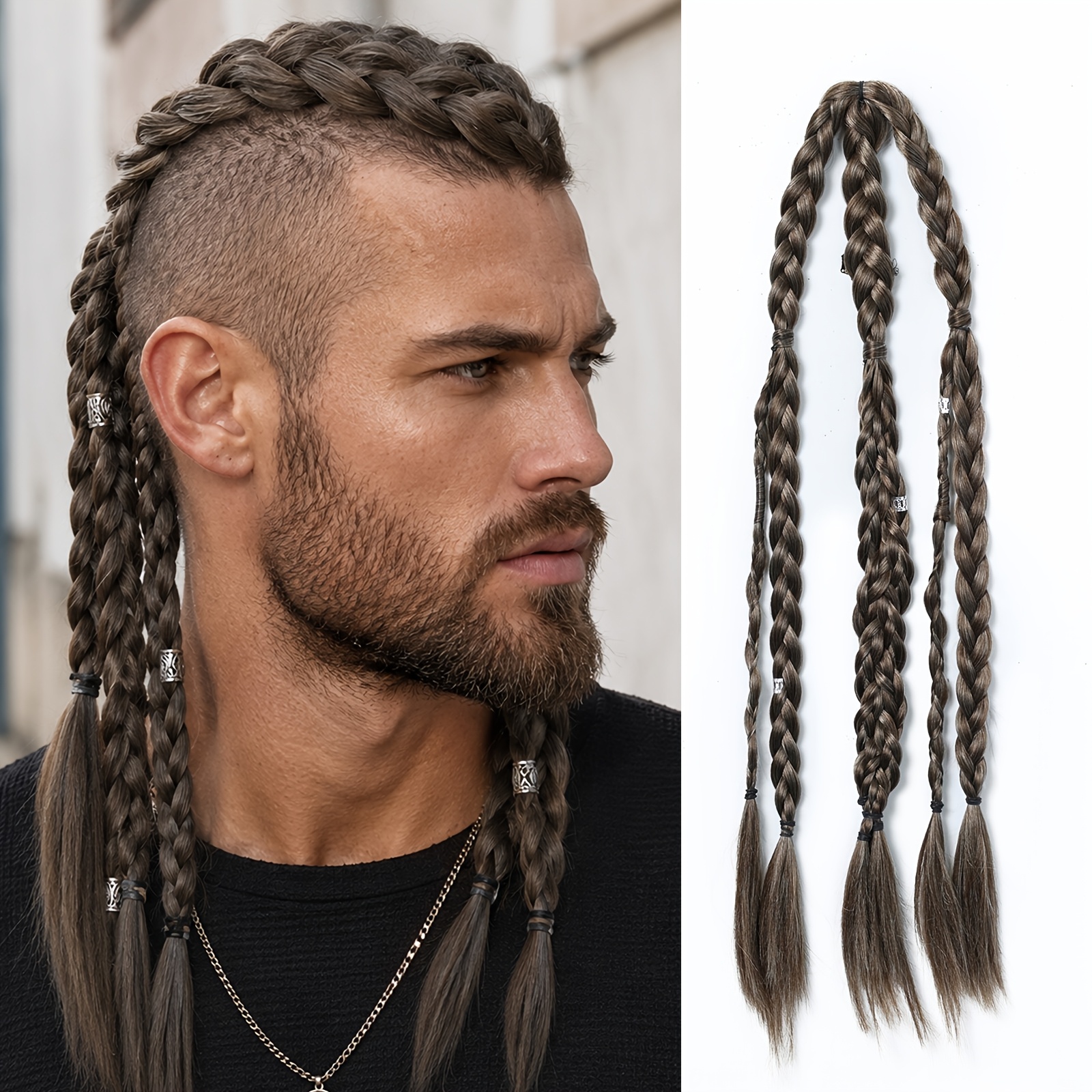 TEMU Haircube Men' Viking Hair Extensions 24" Handcrafted Clip-in Braided Ponytail Hairpiece With Braids Suitable For Halloween Costumes, Renaissance