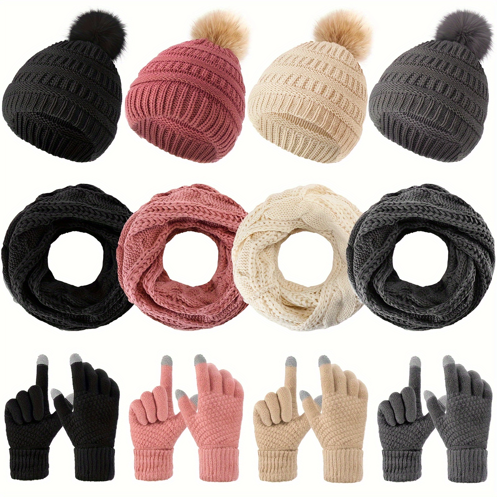 

12 Pcs Winter Women Beanie Hat Scarf Glove Set Knitted Cap Neck Warmer Touchscreen Glove Comfortable Soft Warm Set