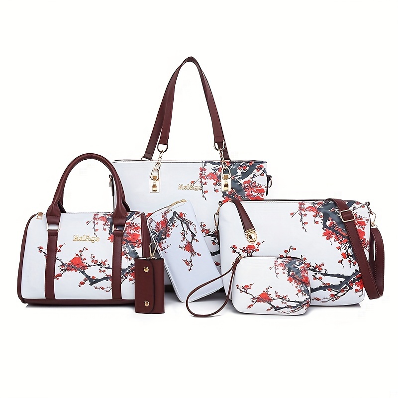 6pcs Floral Patterned Shoulder Bag With Crossbody Bag And Coin Purse Set  For Shopping Use
