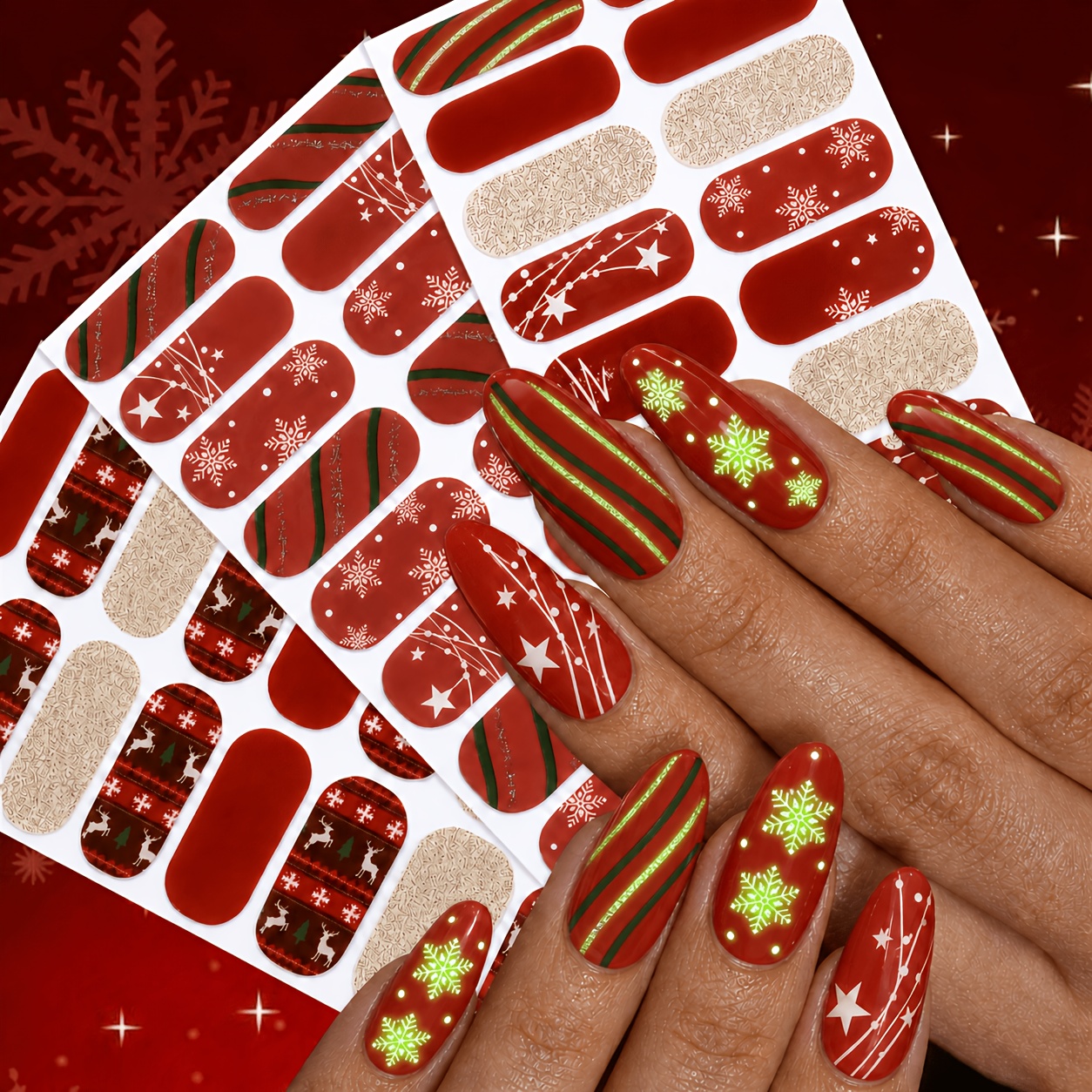 TEMU Luminous Christmas, 3pcs Cute Snowflake Nail Art Stickers, Snowflake Reindeer Checked Red Self-adhesive Full Nail Wraps For Women Christmas Nail