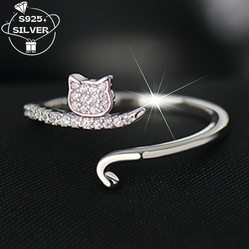 

1pc925 Bague Ouverte Ajustable pour Femme en Argent avec Incrustation de Chat et Synthétique, Convient pour et les Fêtes, Incrustation de Synthétique , Luxe pour Anniversaire, Cadeau de Festival