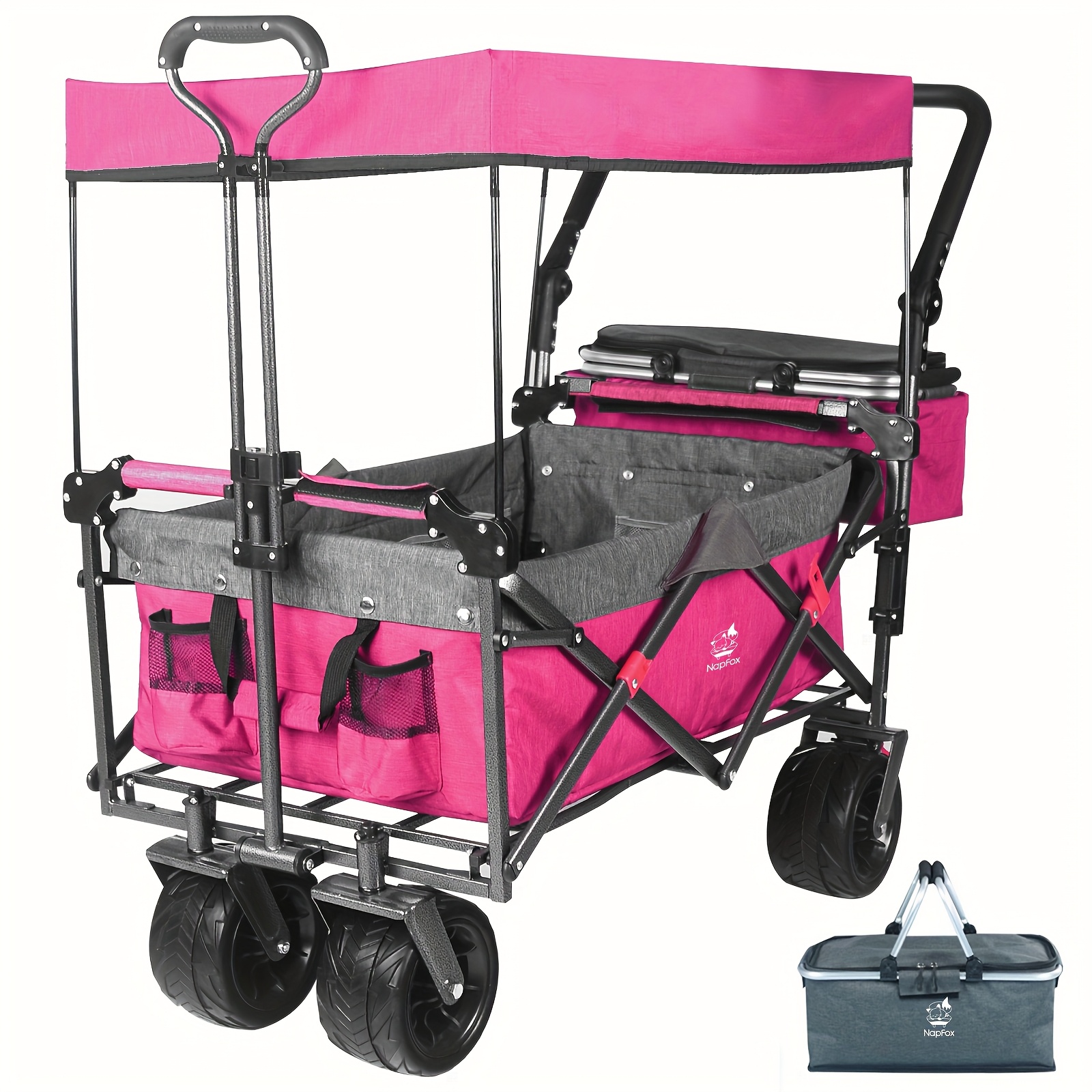 Overmont Chariot de camping sur roues amovibles – Chariot de camping pliable à tirer avec poignée réglable – 100 kg – Grande capacité pour plage, jardin, pique-nique, shopping, sport, rose