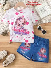 girls outfit princess cartoon print short sleeve top imitation denim leggings shorts set casual 2pcs summer clothes details 3