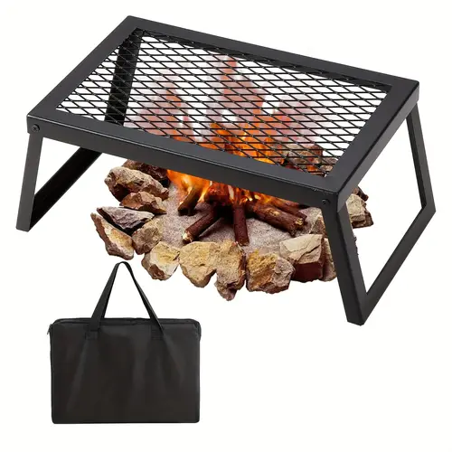 heavy duty folding campfire grill 18 portable steel mesh grate with legs carry bag black iron outdoor cooking gear for camping picnics flame cooking camping stove