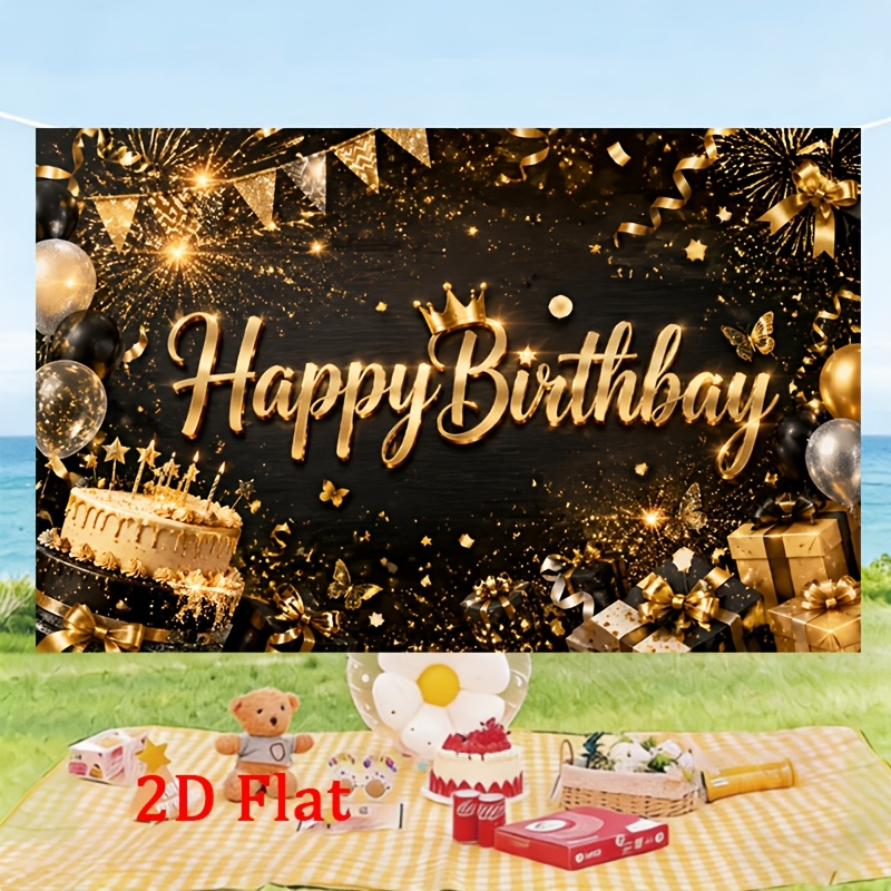 2d plat, [2d plat feestbanner]   gouden ing happy birthday  , ballonnen, cadeaus, vlinders en vuurwerk op zwarte achtergrond. meerdere maten beschikbaar. ideaal voor campustuin zwembad geschikt voor klaslokalen slaapkamers garagedeuren tuingazons en achtergronddecoratie van fotostudios.