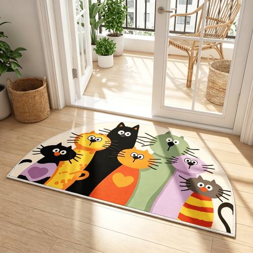 item picture flannel 1pc cartoon colorful cat half circle indoor mat cute multi cat print washable entrance and bedroom rug multiple sizes home decor