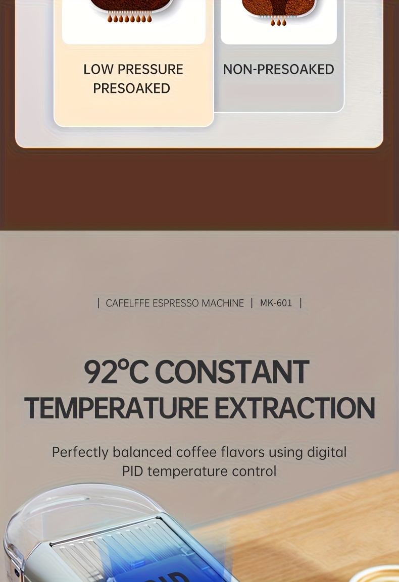 1 Unit CAFELFFEMK-601 Espresso Machine with Milk Frother, 20bar Extraction, Visible Pressure Gauge, Stainless Steel Body, Removable Drip Tray, 1.1L Water Capacity, Coffee Shop Gift Suitable for Lovers/father/mother, Office Equipment