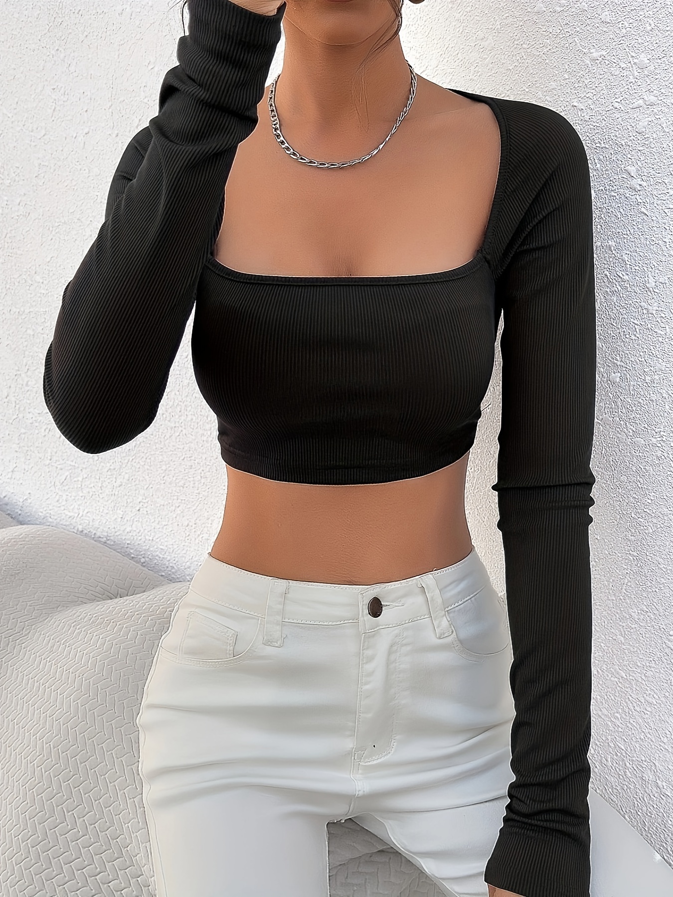 Y2K Backless Long Sleeve Crop Top for Women Solid Color Cutout