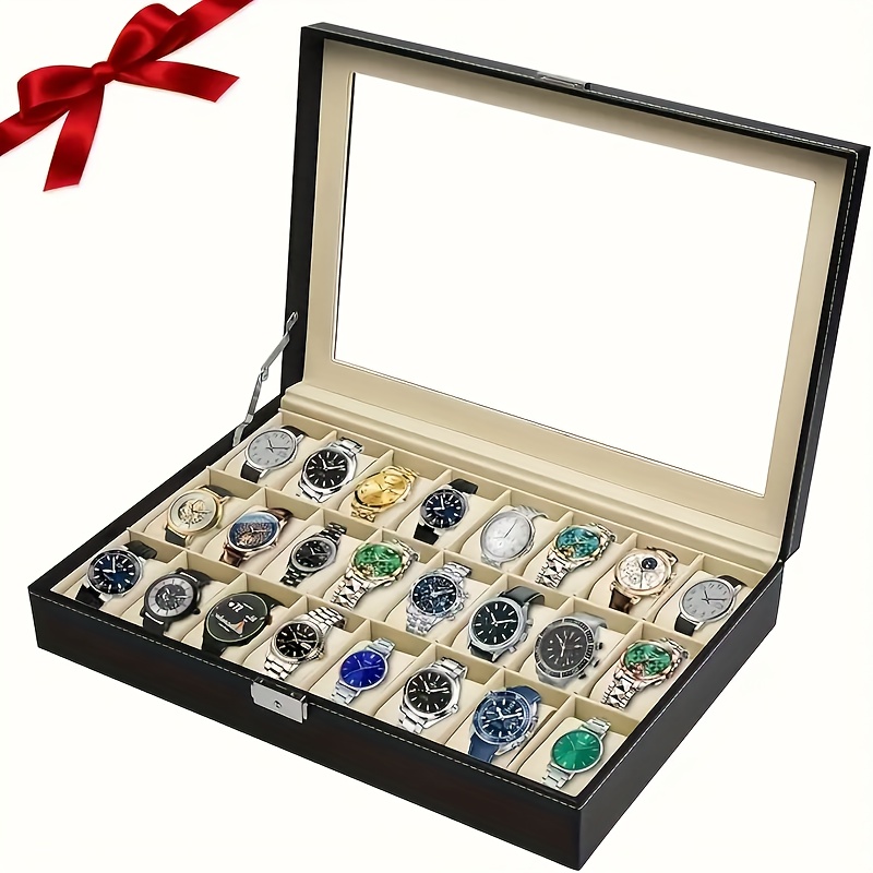 24-Slot Watch Box Organizer with Lock - Heavy-Duty Construction, Soft Beige Lining, Clear Viewing Window - Secure Storage Case for  , Jewelry Stores, Gift Box - Elegant Black Exterior (24 Slots), Sophisticated Design, Durable Construction, Multislot Display, Best for Christmas