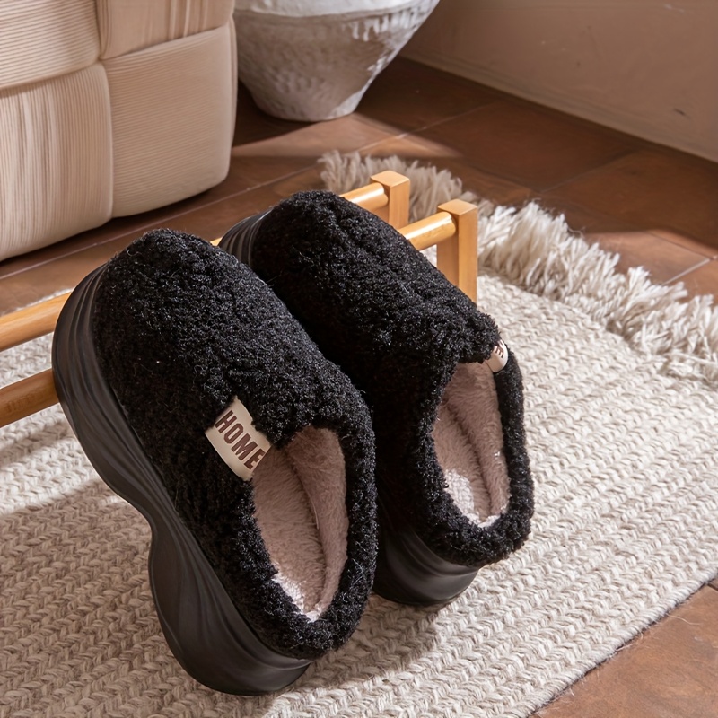 TEMU Plush Thick-soled Home Slippers For Women And Men | Warm, Non-slip, Indoor Height-increasing, , Solid Color, Fabric Upper And Insole, Eva Sole